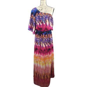 Bisou Bisou One shoulder boho tie dye style maxi flow lined dress w/belt US 8